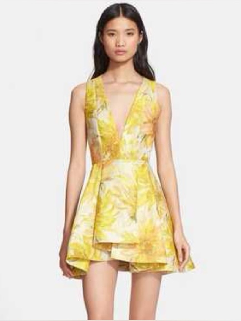 Alice & Olivia Tanner Jacquard Flared Mini Dress Yellow Shimmer Floral